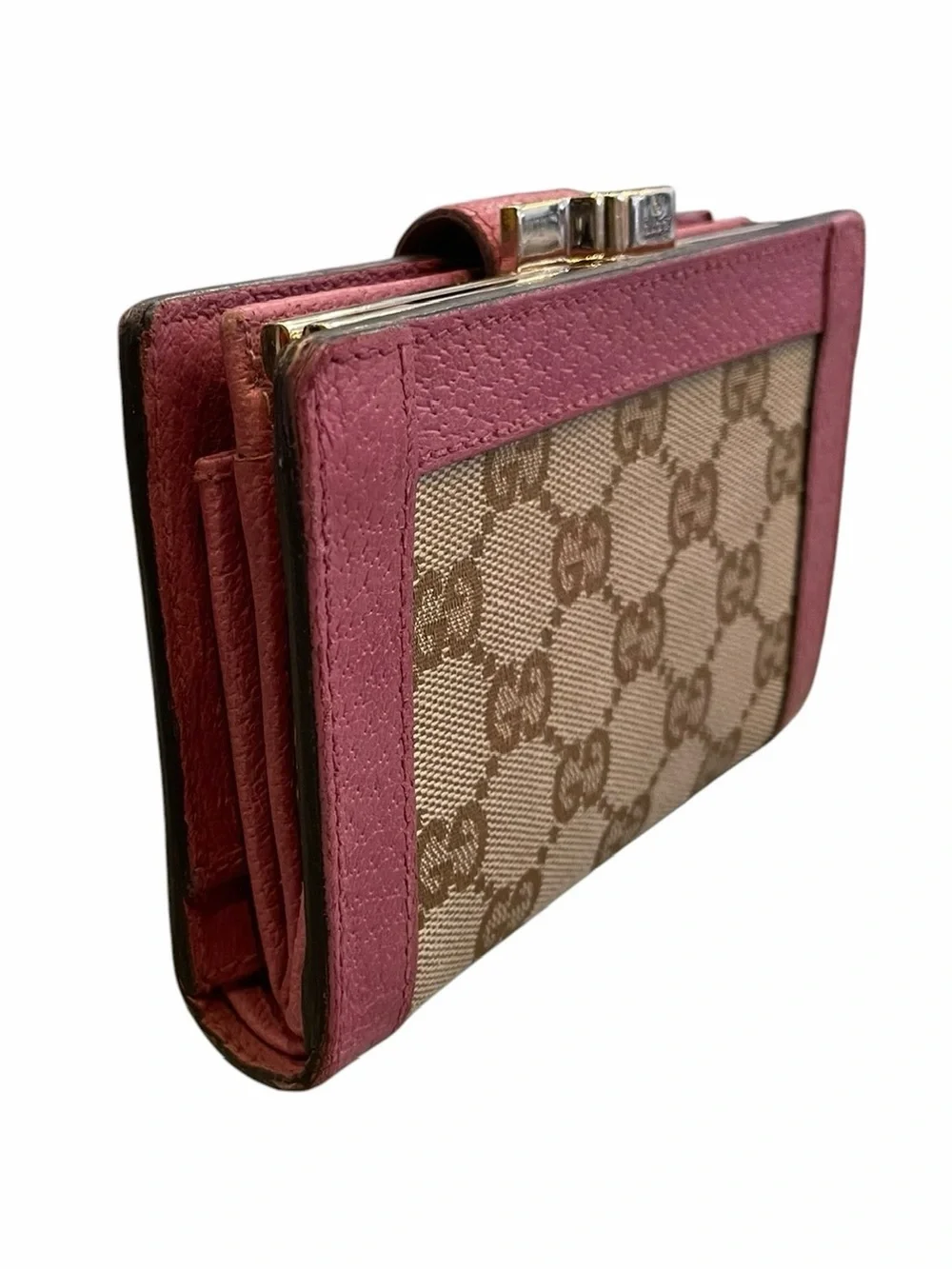 Gucci Beige GG Canvas Wallet with Pink Leather Trim